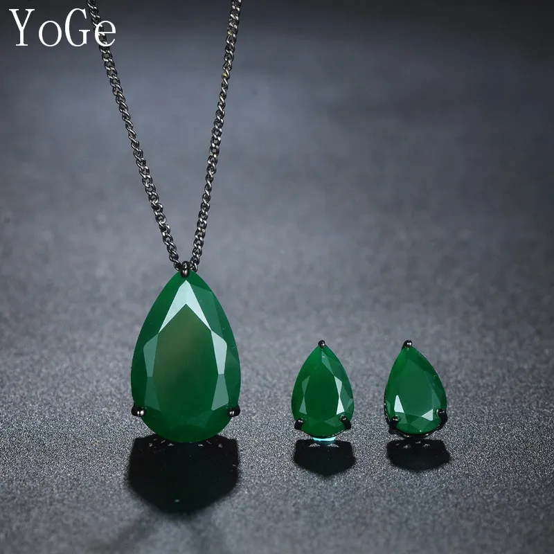 

YoGe Statement Jewelry, Fashion Popular waterdrop shaped green stone solitaire stud earrings and pendant necklace set ,S0211