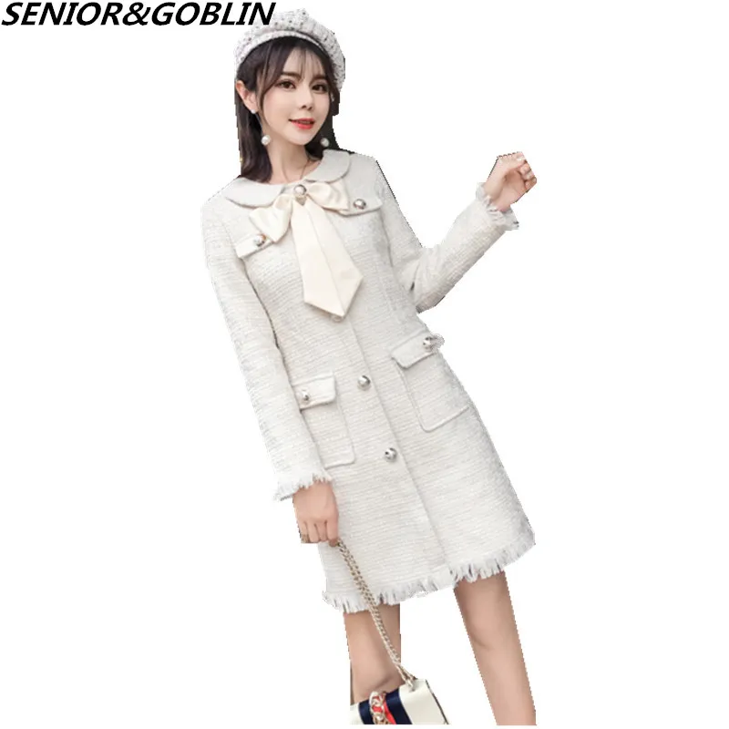 

2019 Autumn Small Fragrant Style White Slim Tweed Dress Winter Women Long Sleeve Sexy Button Bow Tassels Trim Fringed Mini Dress