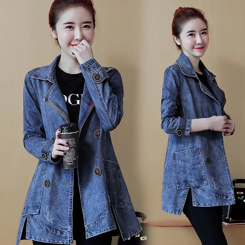 

Long Denim Jacket Cotton Office Women's Denim Jacket Solid Color Lapel Slim Dark Blue Double Breasted Fashion Women's Jacket