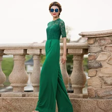 2019 Women Summer Lace Jumpsuit High Street Rompers Chiffon Elegant Green Full Length Wide Leg Party Jumpsuits Plus Size 3XL 4XL 2019 women summer jumpsuit party overalls rompers chiffon high street elegant gray color full length jumpsuits plus size 3xl 4xl