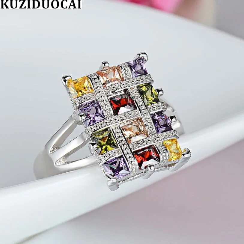 

Kuziduocai 2019 New Fashion Jewelry Full Zircon Crystal Stainless Steel Colorful Rectangle Wedding Party Rings For Women R-497