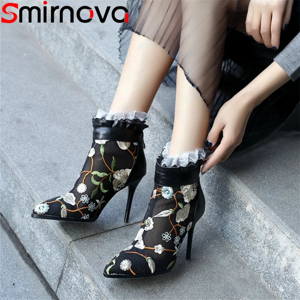 

Smirnova big size 34-42 2020 summer new shoes woman pointed toe embroider ladies boots elegant prom ankle boots mesh+cow leather