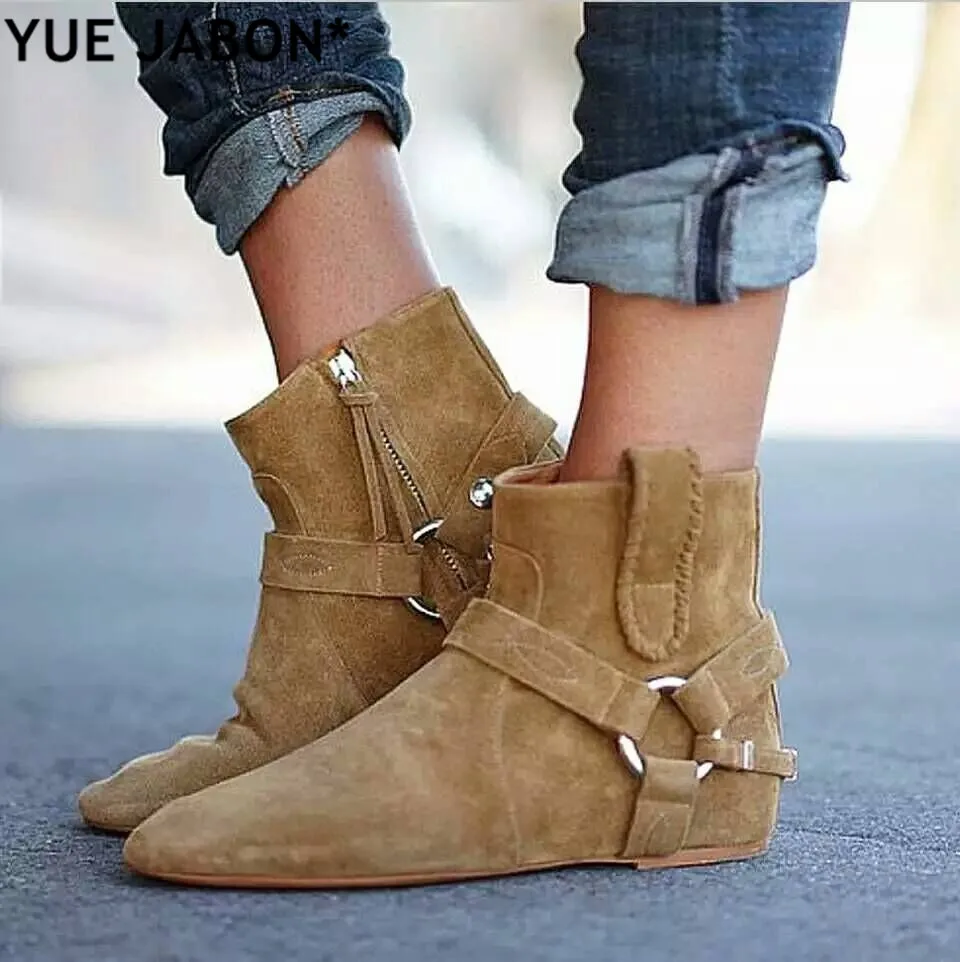 

YUE JABON Spring Autumn Vintage Ankle Boots Suede Leather Women's Flat Zipper Boots Height Increasing Riding Boots Motorcycle
