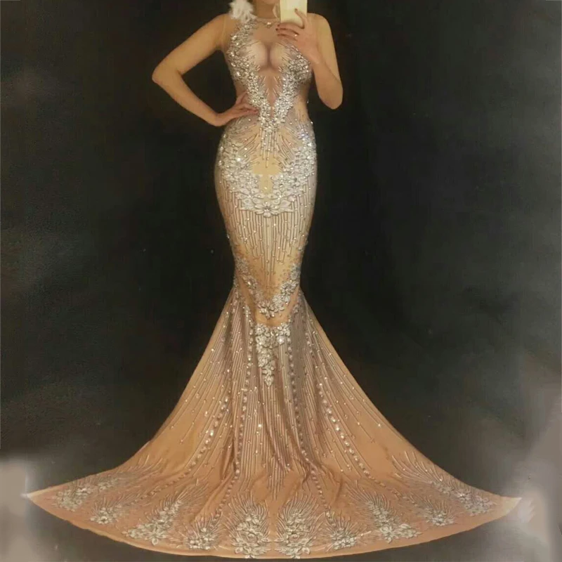 

Jazz Costumes Nude Sleeveless Rhinestone Jumpsuit Sexy Nightclub Crystal Bodysuit DJ DS Singer Package Hip Fishtail Dress DN2015