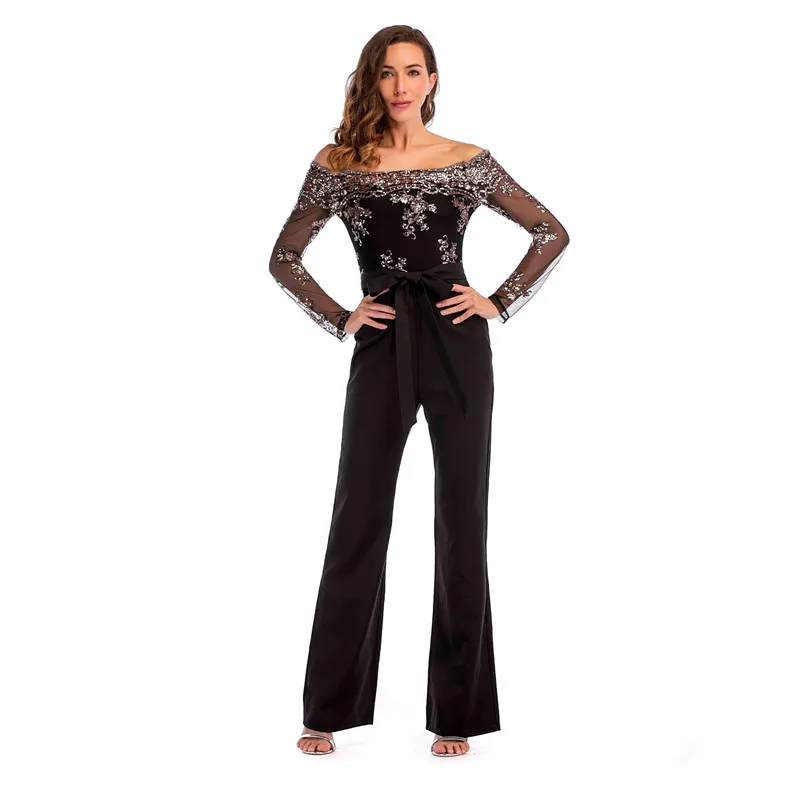 plus size rompers womens jumpsuit 2018 summer off shoulder black jumpsuit pants long sleeve one piece jumpsuit with sequin 21788