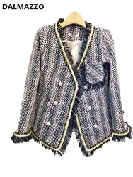 Женская твидовая шерстяная куртка с кисточками, пальто, женская осенне-зимняя высококачественная дизайн из бисера, полосатая куртка