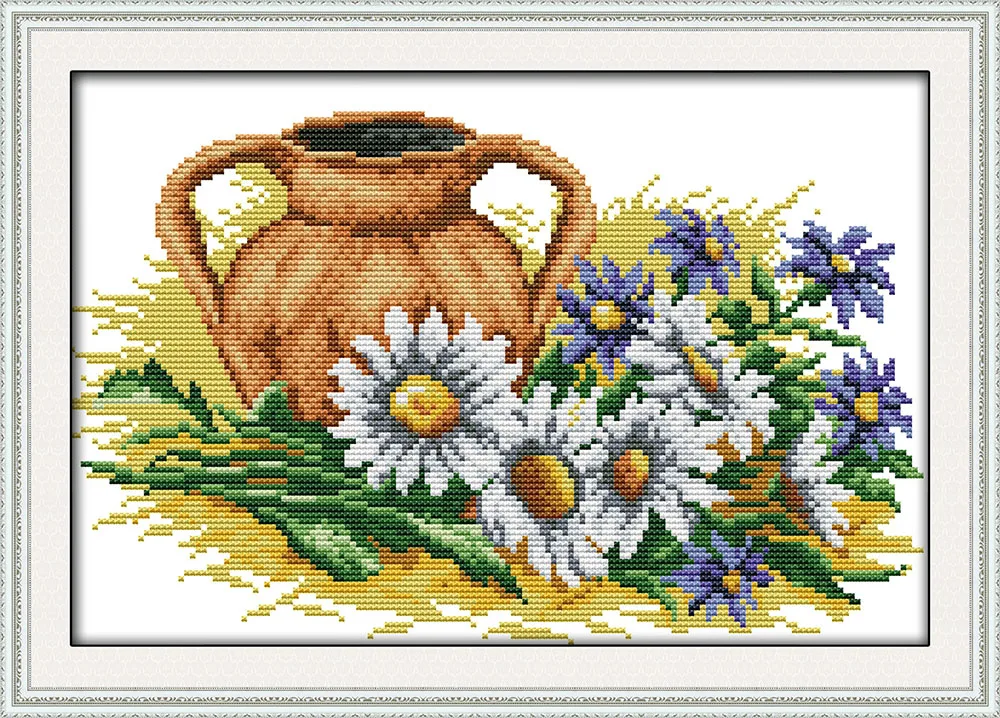 

New Daisy and pot flower home decor canvas Cross Stitch kits DMC 14ct white 11ct print embroidery DIY handmade needlework wall