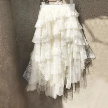 Новая мода кружева Guaze длинные макси юбки для женщин Летний стиль эластичный пояс женские белые асимметричные юбки