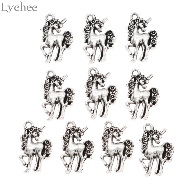 

Lychee 10pcs Trendy Alloy Unicorn Horse Pendants Silver Color Animal Charms DIY Handmade Pendant For Jewelry Making