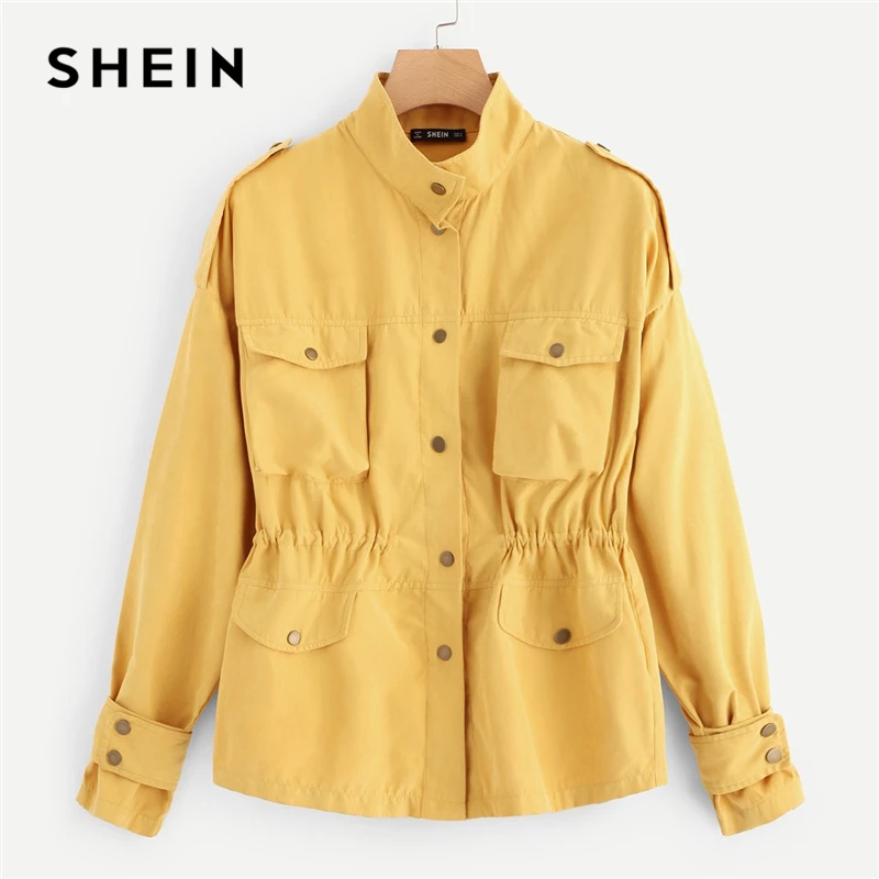 

SHEIN Casual Yellow Button Pocket Front Stand Collar Single Breasted Plain Jacket Autumn Modern Lady Women Coat Outerwear