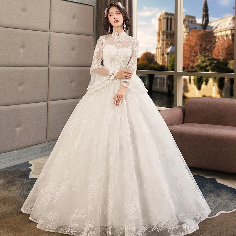 

Vintage Wedding Dresses High Neck New Cheap Wedding Dress Full Flare Sleeve Lace Embroidery Princess Vestido De Noiva