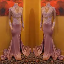 Пыльное розовое длинное платье для выпускного вечера с высоким горлом и кристаллами, украшенное бисером, с длинными рукавами, кружевная Апликация, вечернее пикантное платье для выпускного вечера с разрезом по бокам