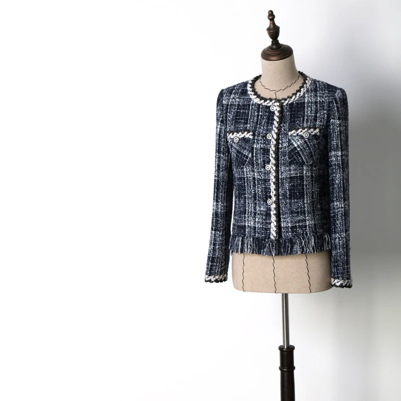 

Women Elegant Chains Tweed Knitted Tassel Jackets Short Coats 2018 Spring Autumn Office Lady Single Breasted Outerwear JC2477
