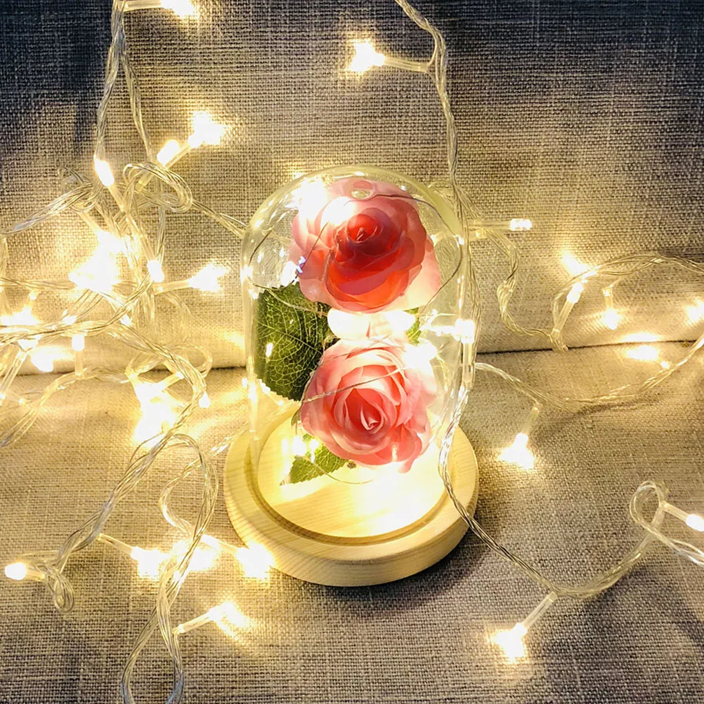Искусственные пластиковые двойные розовые цветы 20LED медный провод ночник стеклянная крышка Ночная лампа украшения для дня рождения