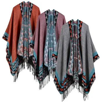 

2020 Autumn Winter Shawl Scarf Women Knitted Shawl Poncho Faux Cashmere Geometric Pattern Tassel Oversized Warm Long Cape Tunics
