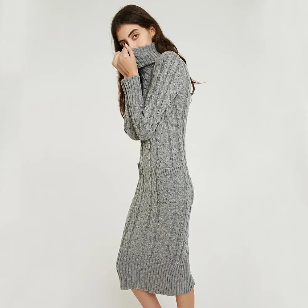 Wixra Knitted Dress Autumn Winter Solid Turtleneck Mid-Calf Pockets Sweater Dresses Women's Clothing