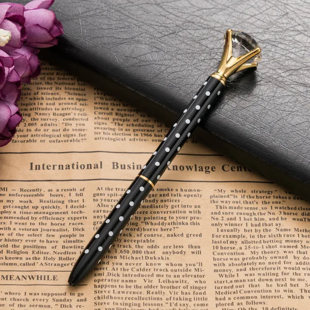 Big carat diamond Crystal Pen Gem Ballpoint pen ring wedding office Metal ring roller ball pen Rose gold silver pink purple