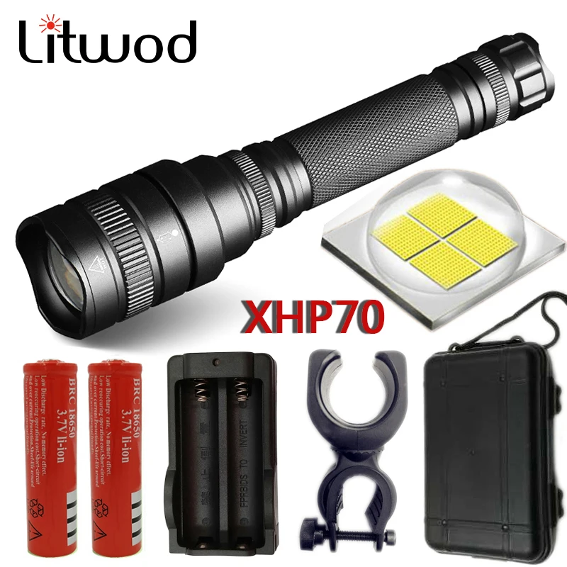 Litwod Z201515 CREE XHP70 3200lm Мощный тактический светодиодный фонарь, телескопический фонарь с зумом, мощность от аккумулятора 18650