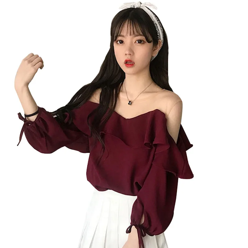Сладкий фонари sleeveWomen для Костюмы шифоновые летние блузки рубашки с оголенными