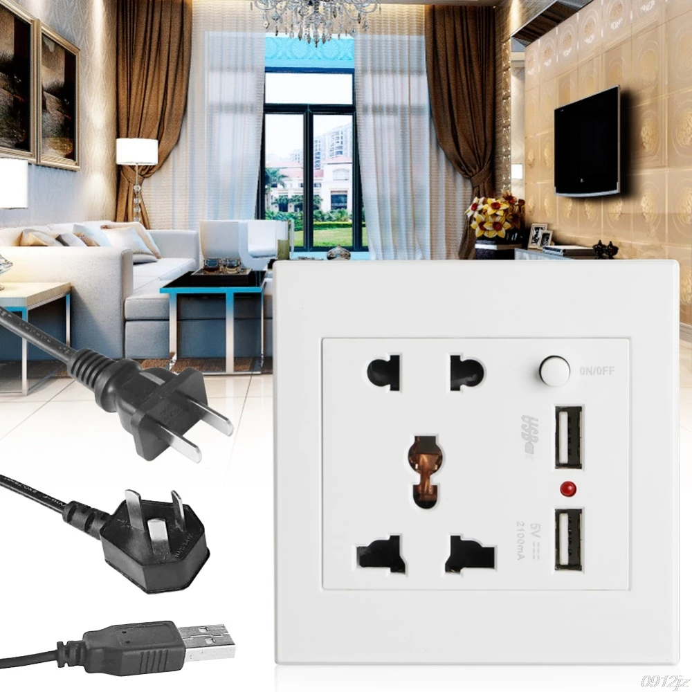 

2.1A Dual USB Socket Charger AC/DC Power Adapter Plug Outlet Panel w/Switch New Drop ship Dls HOmeful