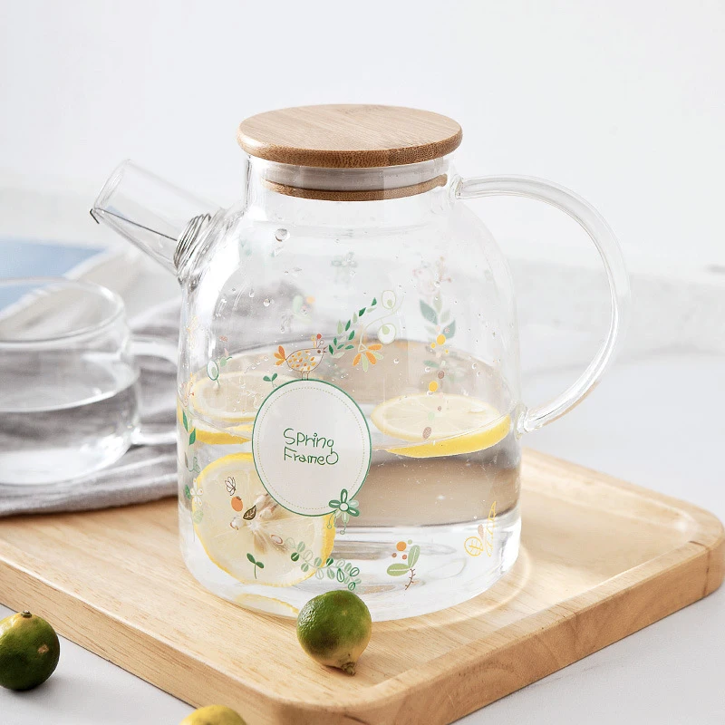 

Milk Pot Kettle Wooden Glass Tea Cup Drink-ware Heatproof Teapot Drinkware Pastoral Style Flower Deer Glass Bottle Base 1pcs