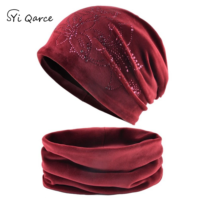 

SYi Qarce 2 Pcs/Set 6 Colors Women Winter Warm Hat with Scarf for Girl's Women Rhinestone Flower Hat with Scarf set NT183-89