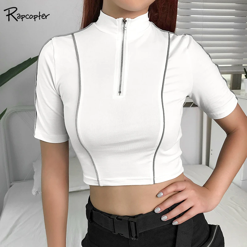 

Rapcopter Reflective Stripes Short Sleeve Summer Tshirt Women Sport Style Casual Crop T-shirt Top White Korean Zipper Tees 2019