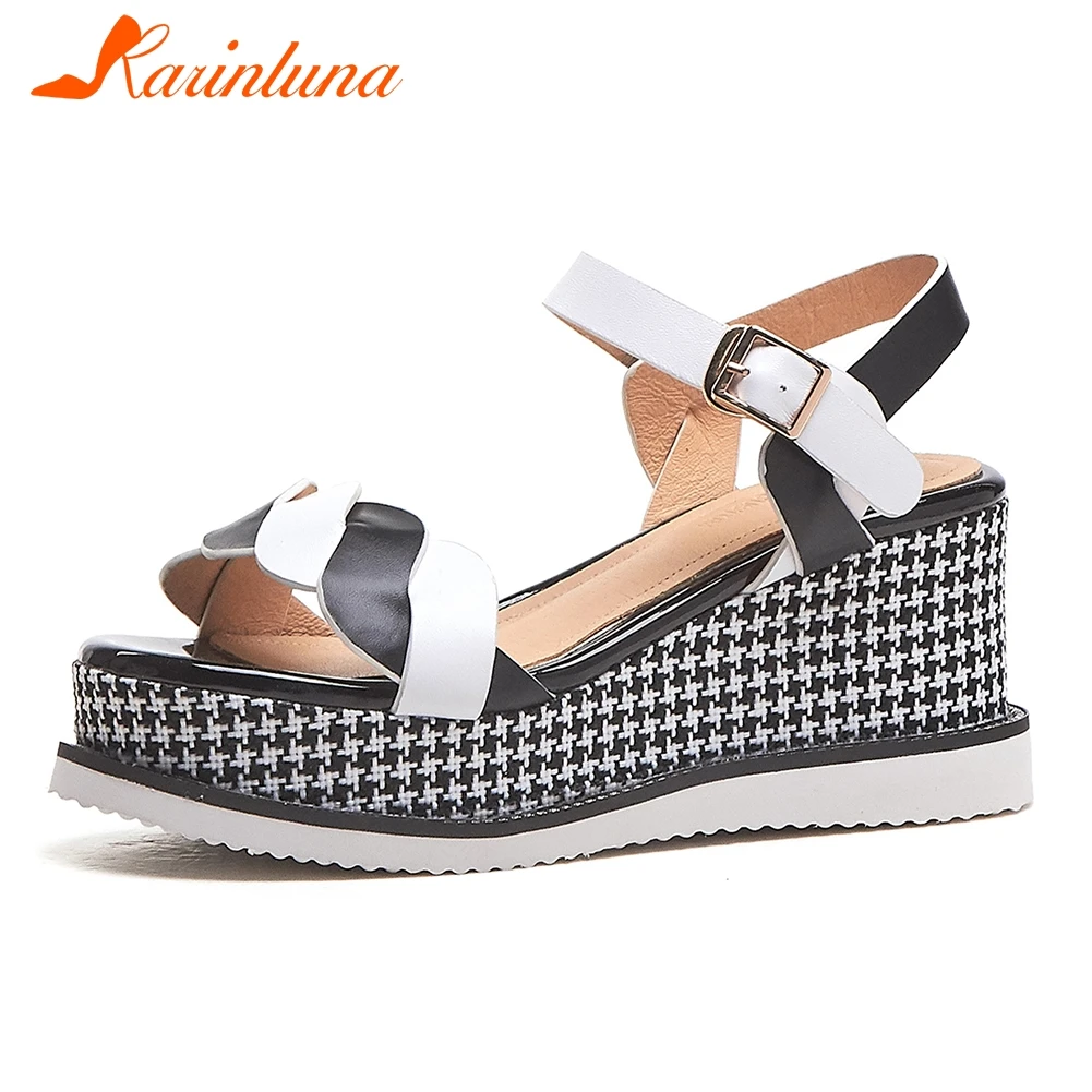 

KARINLUNA Fashion 2019 Genuine Leather Wedge High Heels Shoes Woman Sandals Female Platform Mix Color Sandals Woman Shoes