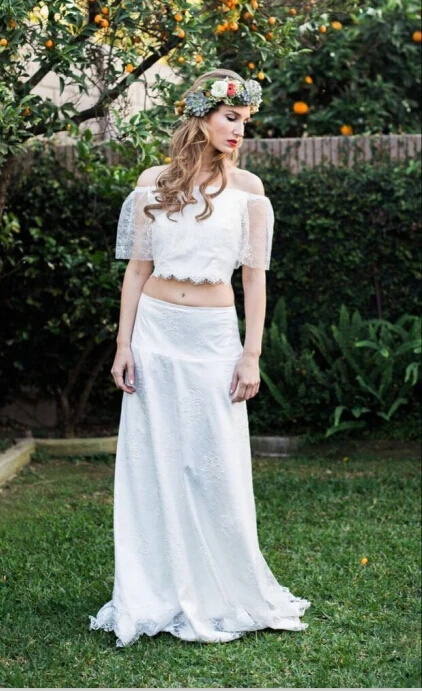 

casamento new hot sexy boat neck lace wedding dress 2016 Simple 2 piece vintage Wedding Dresses half sleeve vestido de noiva