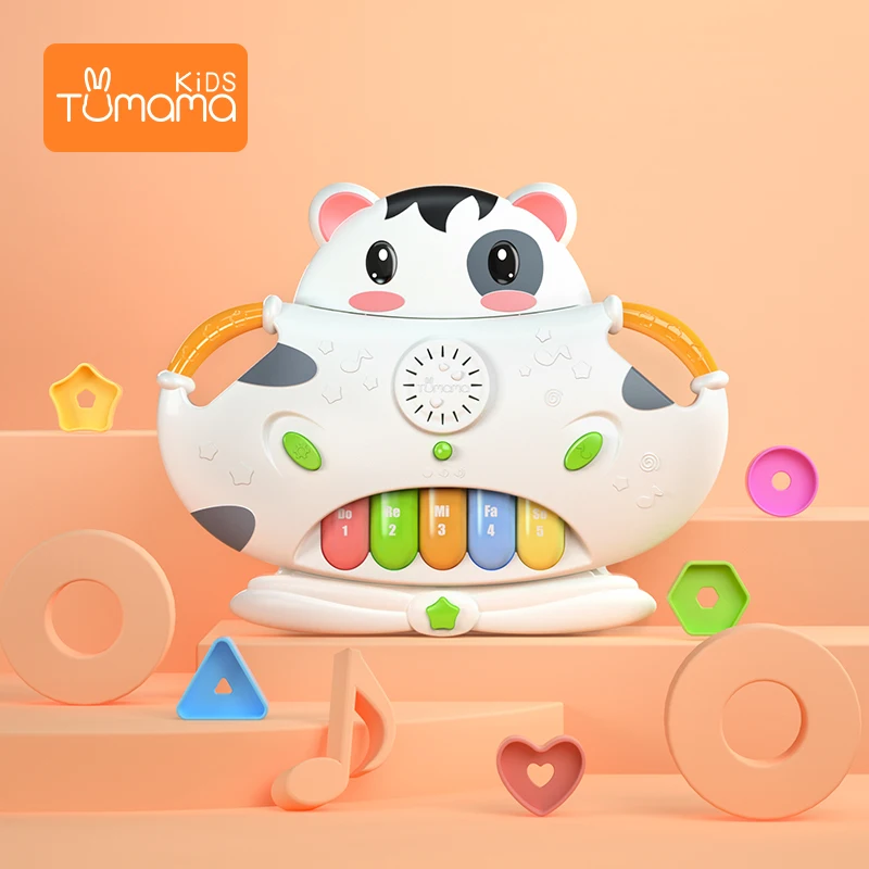 

Tumama Baby Musical Piano Animal Cow Electronic Piano Geometric Blocks Sorting Early Educational Toys for Kids Puzzle Gifts