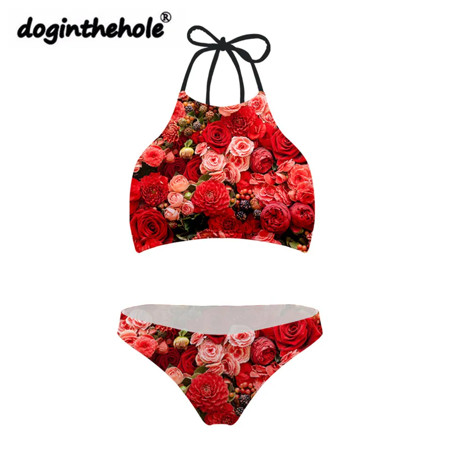 

Doginthehole Bikini 2019 Sexy Swimwear Rose Flowers Bathing Suit Women Summer Swimsuit Stroje Kapielowe Damskie Maillot De Bain