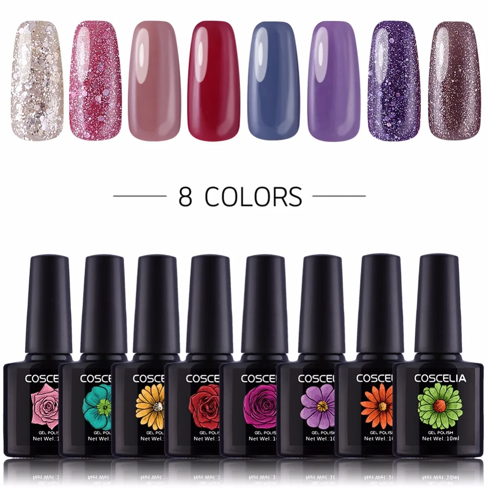Coscelia 10ml Long Lasting 8 Color Set Lacquer Gel Varnish Soak Off UV 