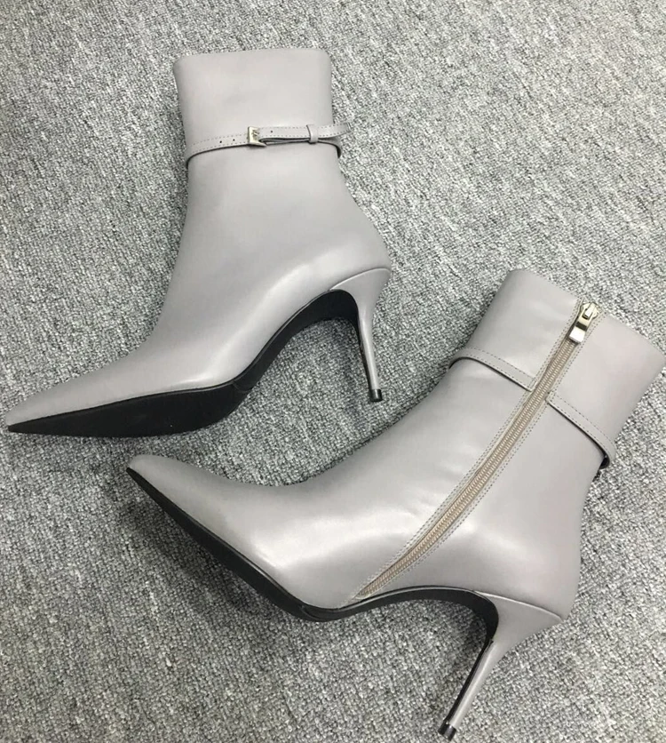 Серые кожаные женские ботинки Соблазнительные снежные сапоги на высоком каблуке 10 см с острым носком женская обувь черные весенние женские ботильоны на высоком каблуке