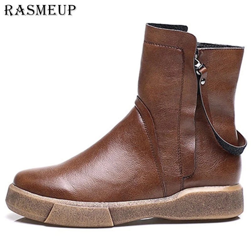 Botines retro RASMEUP mujer, Invierno 2018, planas con cremallera, cómodos zapatos de goma Vintage negro marrón para mujer|martin shoes|flat bootsankle boots - AliExpress