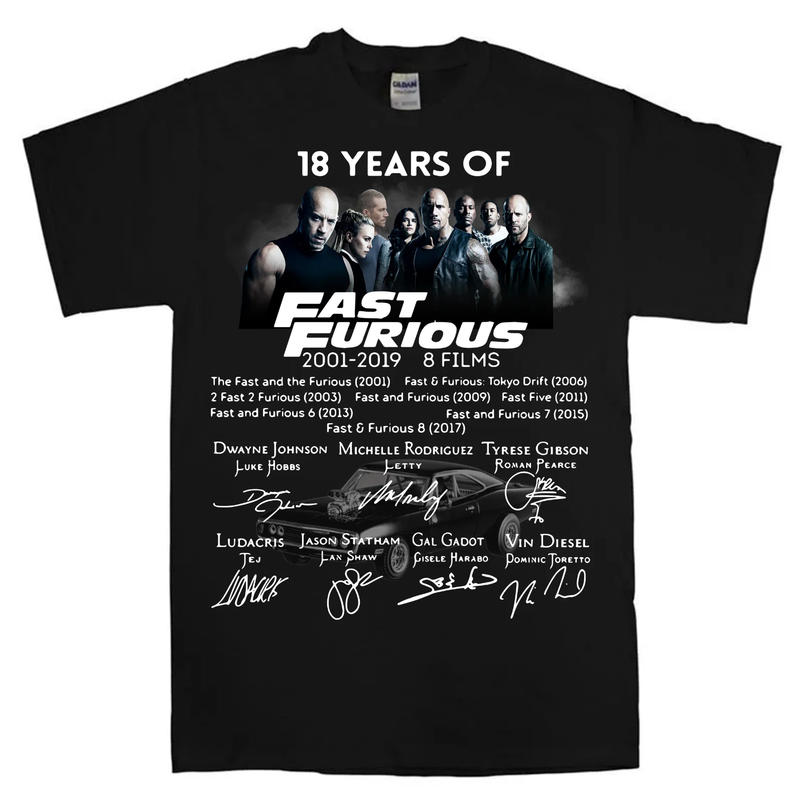 

18 Years of Fast Furious 2001-2019 8 Films Signature T-Shirt Black-Navy Unisex Different Colours High Quality 100%