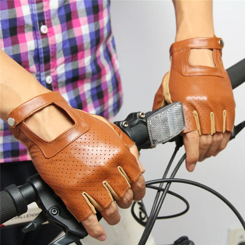 2017 New Summer Men Semi-Finger Gloves Genuine Leather Hole Breathable Half Finger Gloves For Women Free Shipping