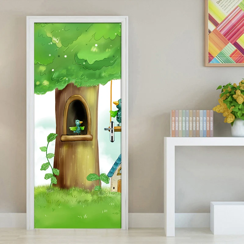 Современный мультфильм Дерево Птица детская комната Спальня дверь Фреска фото обои для дверь детской комнаты украшения ПВХ наклейки