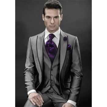 

2019 Prom terno Men Suit terno masculino Shiny Korean Material Custom made grey Men Fashion mens suits (Jacket+pants+vest+Tie)