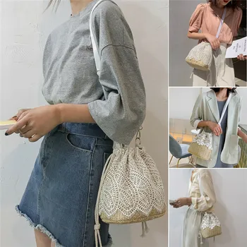 

NoEnName Fashion Lady Beach Bucket Straw Rattan Woven Women Bucket Handbag Summer Totes Shoulder Bag