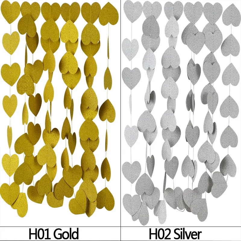 1 комплект, 4 м, серебристые золотистые блестящие бумажные гирлянды в форме сердца, баннер, висячие украшения, аксессуары для свадьбы, вечеринки, комнаты, принадлежности 8Z