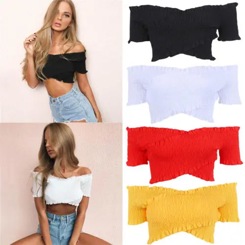 

2018 Sexy Women Crop Tops Fashion Women Shoulderless T-Shirts Solid Candy Color Summer Outwear Intersecting Outwear