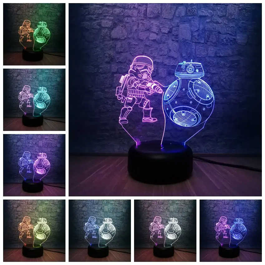 Звездные войны черный рыцарь R2D2 робот 7 смешанных двух цветов 3D светодиодный ночник Lihgt Мальчики атмосфера спальни лампа Декор подростковый Рождественский подарок