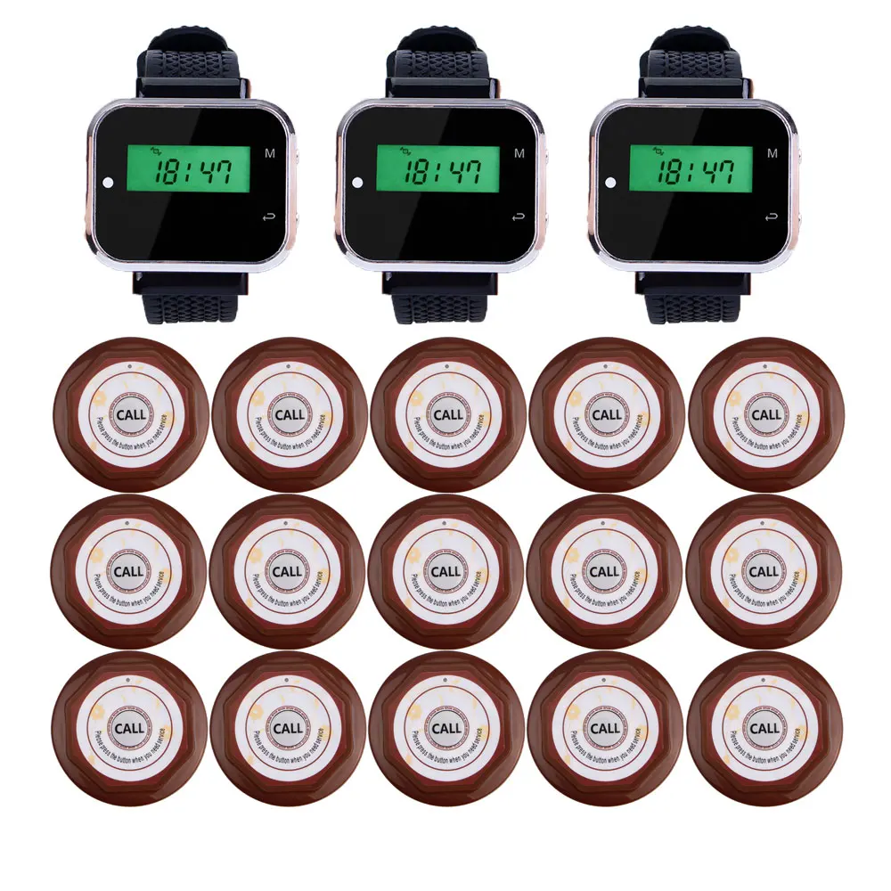 

2 Color Wireless Calling System 3pcs Watch Receiver + 15pcs Call Transmitter Button Restaurant Equipment F3300