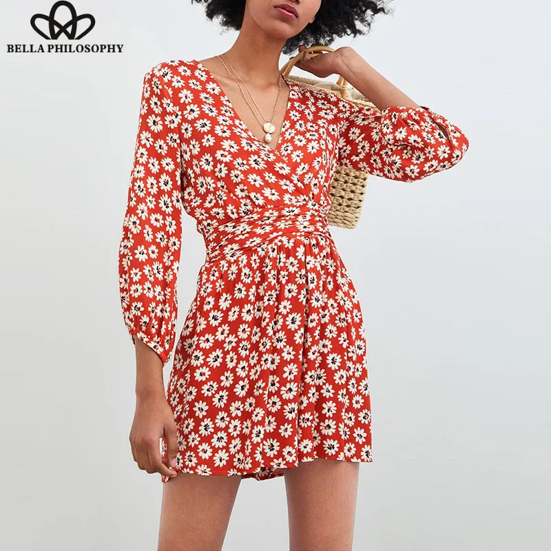 Wonder New Bohemian Long Sleeve Playsuits Vintage Print Floral Female Skinny Playsuits Casual Lady V-Neck Beach Rompers 2019 new