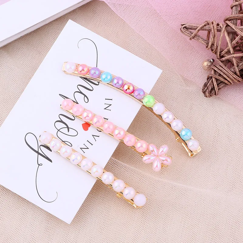 2pcs/set Pearl Flower Hair Clips Alligator Duckbill Long Hairpins Barrettes Candy Rainbow Color Hair Accessories for Women Girls