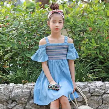 

2019 Korean style girls off shoulder dress summer fashion cotton girls dresses 3-8t B662