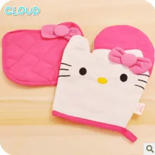 Heißer Verkauf 2 teile/satz 100% Reiner Baumwolle Helly Kitty Ofenhandschuh Küche Mikrowelle Handschuhe Und Schöne Isolierung Pads Kostenloser Versand