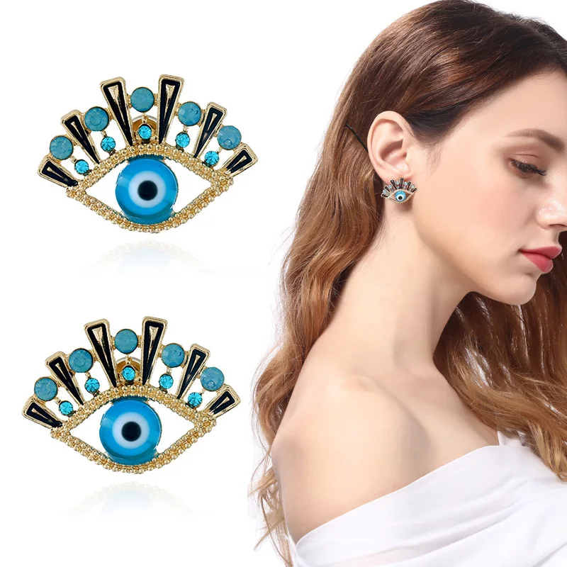

2019 New Exaggerated Hollow Gold Color Rhinestone Evil Eye Stud Earrings For Women Female Lucky Eye Statement Earring Jewe