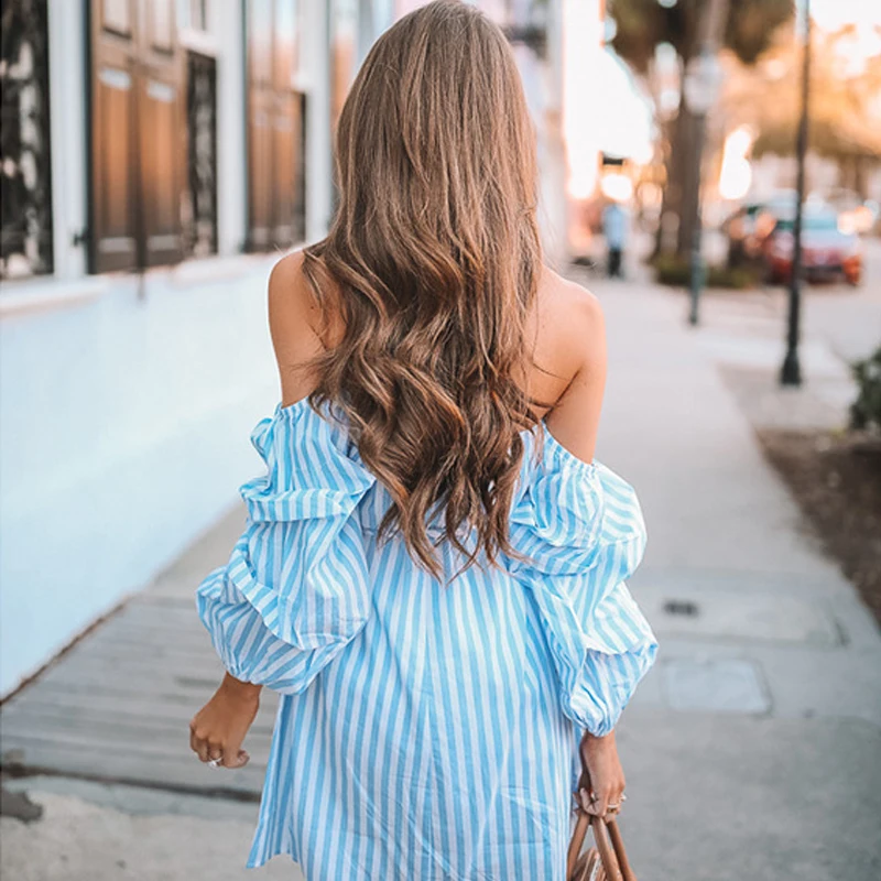 B&N Blue White Striped Bohemian Beach Off The Shouolder Long Sleeve Female Summer Autumn Casual Sexy Party Club Women Dresses8