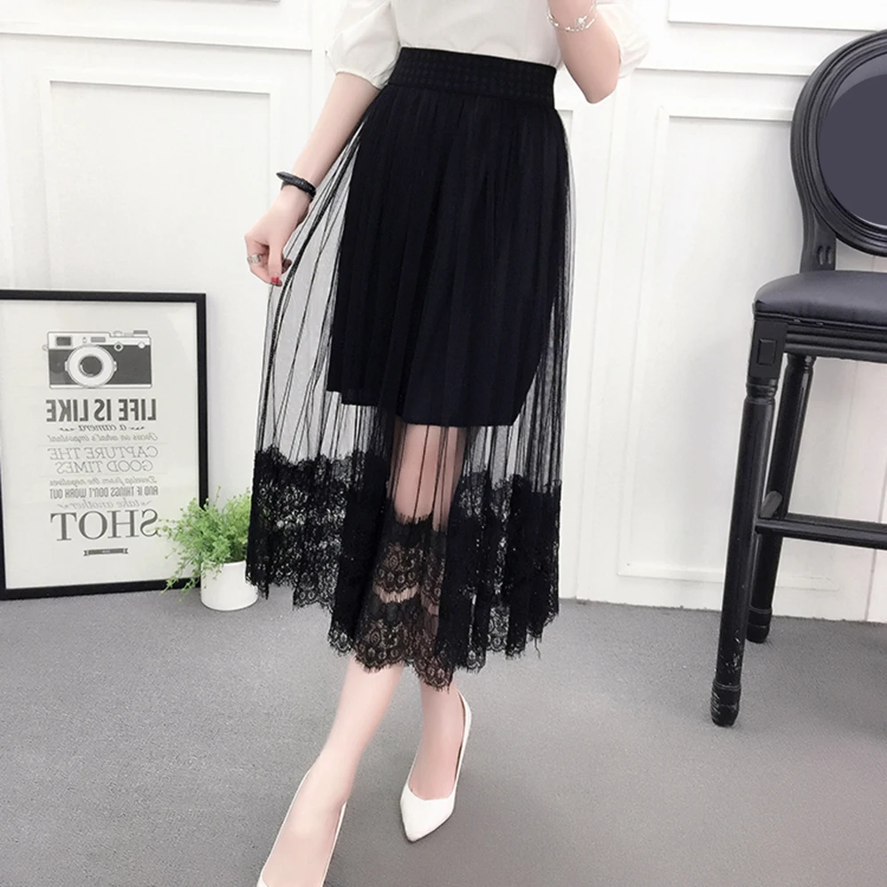 Летние шифоновые юбки Корейская кружевная юбка Феи Милая элегантная сетчатая черная узкая юбка с цветочным узором, Юбка До Колена, юбка для офиса